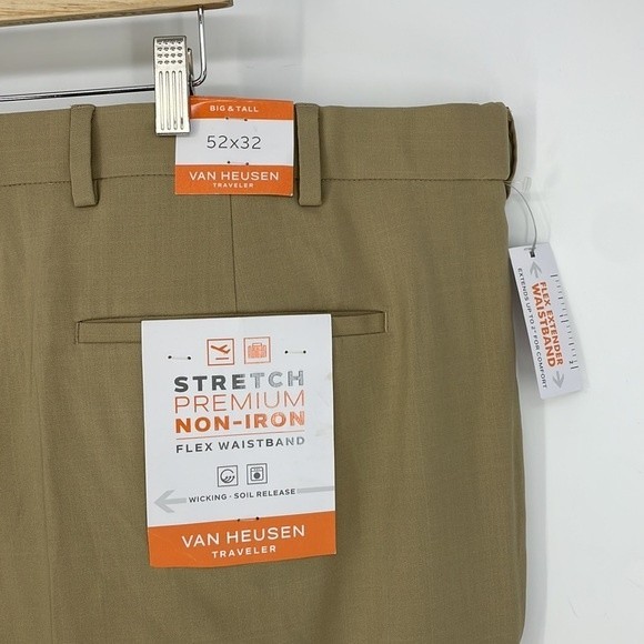 NWT VAN HEUSEN stretch premium no iron trouser pants tan size 52 X 32 men's - Picture 4 of 8